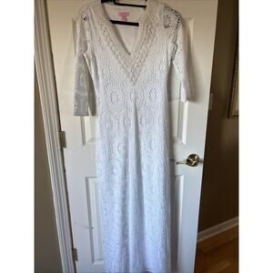 Lilly Pulitzer Sharrie Caftan White Maxi Dress Resort Lace Embroidery SZ S EUC